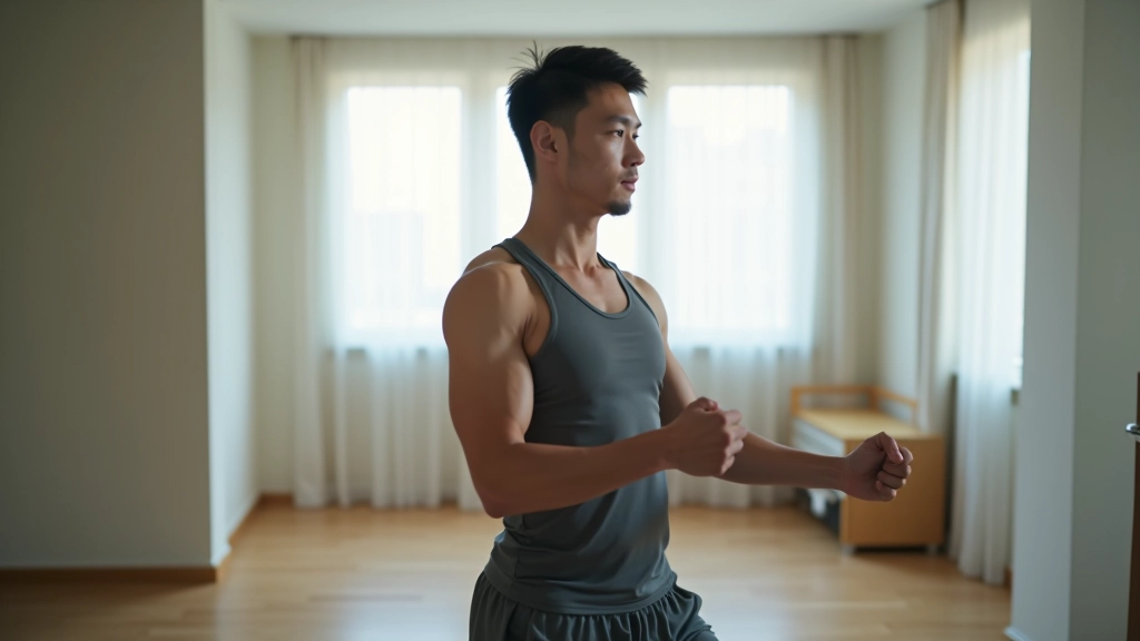 Person training in a small apartment space with minimal equipment