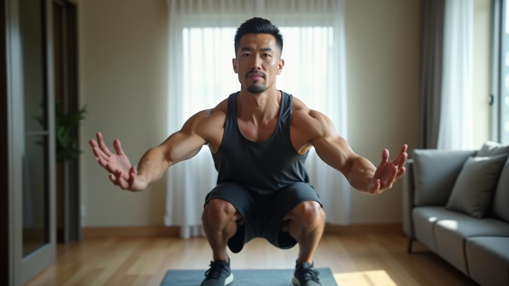 Marcus Wong working with home fitness training setup in a compact Hong Kong apartment with bodyweight exercise equipment