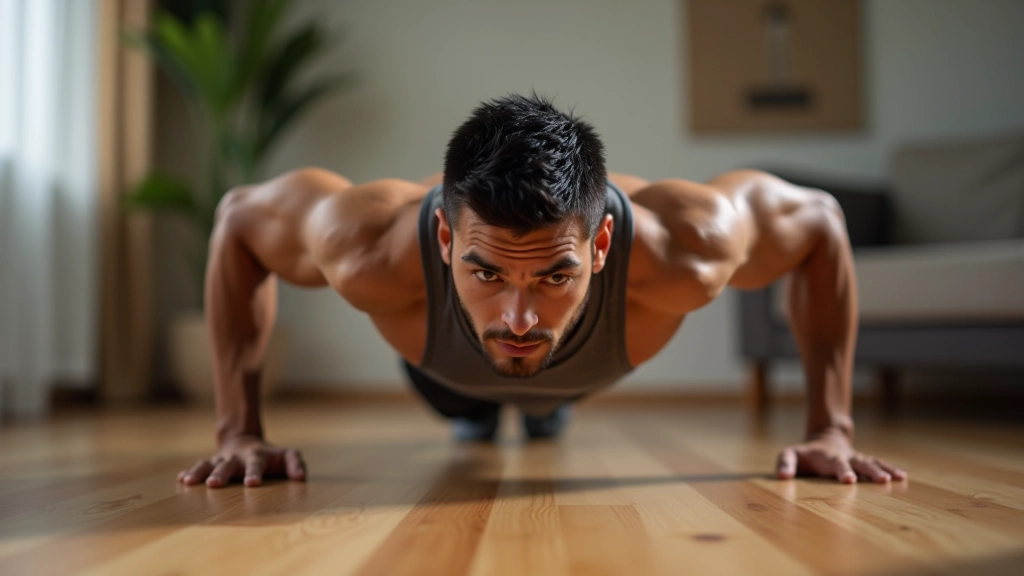 Fit person doing a standard push-up with perfect form on a hardwood floor, showing full body alignment