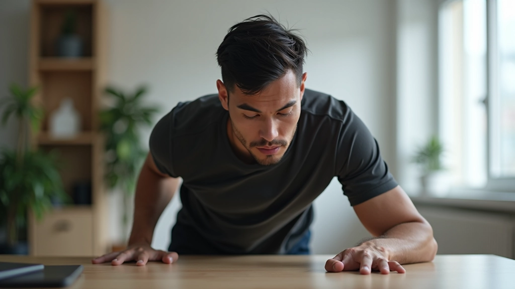 Man doing an incline push-up with hands on a sturdy desk, showing the body angle and proper arm mechanics