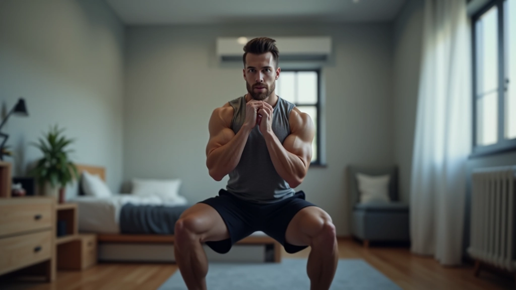 Man doing bodyweight squat in a small Hong Kong apartment bedroom with gray walls and minimal space