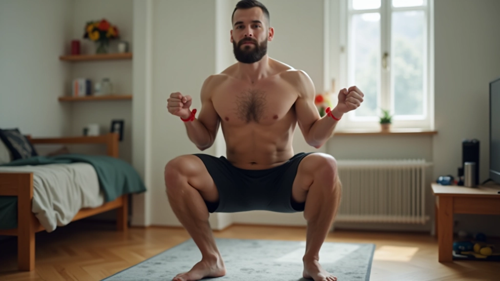 Man performing a proper bodyweight squat with correct form in a bedroom setting, legs at parallel, chest upright