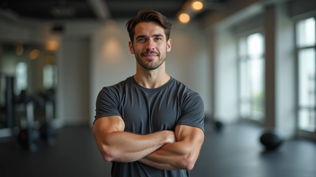 Training coach demonstrating exercise technique in a modern fitness studio with bright lighting and clean environment