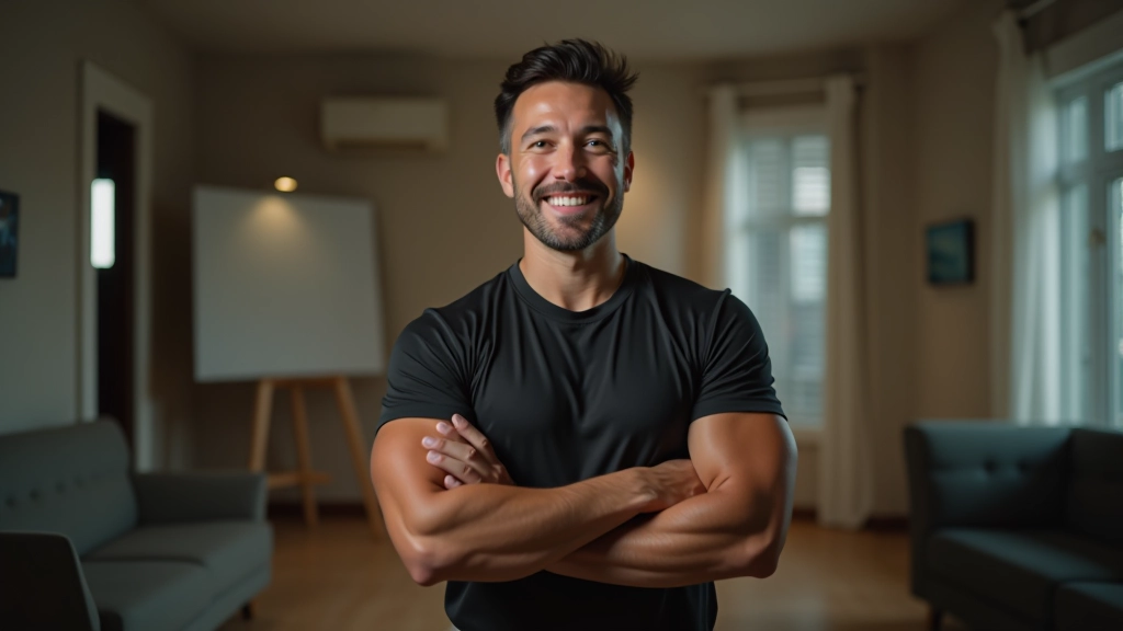 Fitness trainer in a small residential space demonstrating expertise
