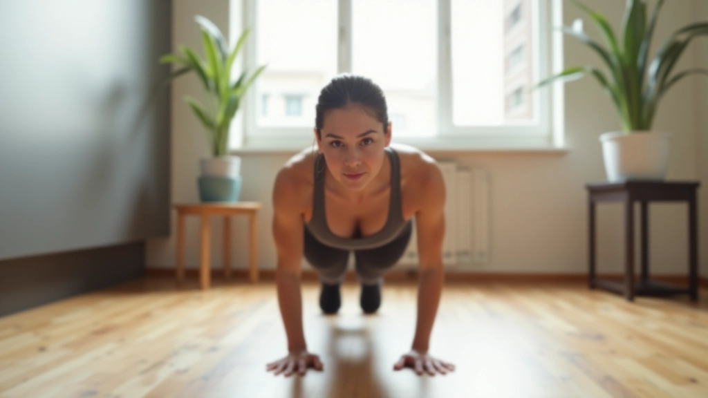 Person doing push-ups on a wooden floor in a minimalist apartment living room with natural light