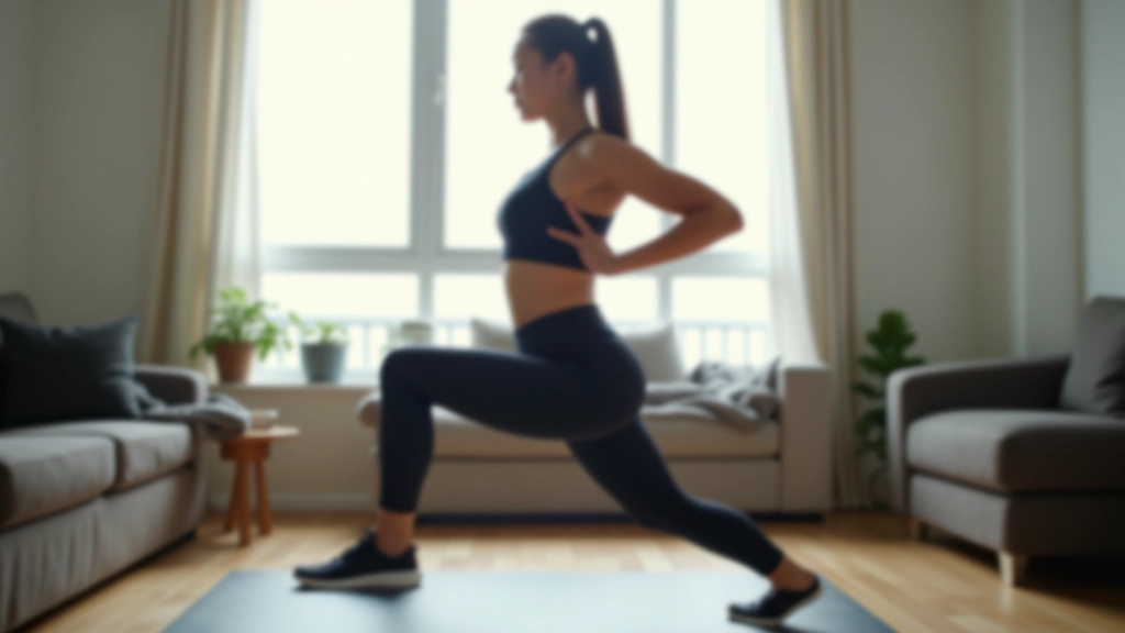 Woman performing a forward lunge with proper form in a small apartment living room, one leg extended forward, back knee near floor