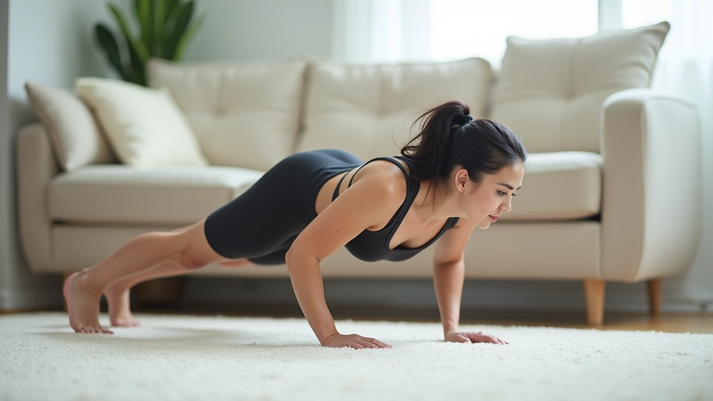 Person doing a standard push-up with proper form on a light carpeted floor, side view showing neutral spine alignment